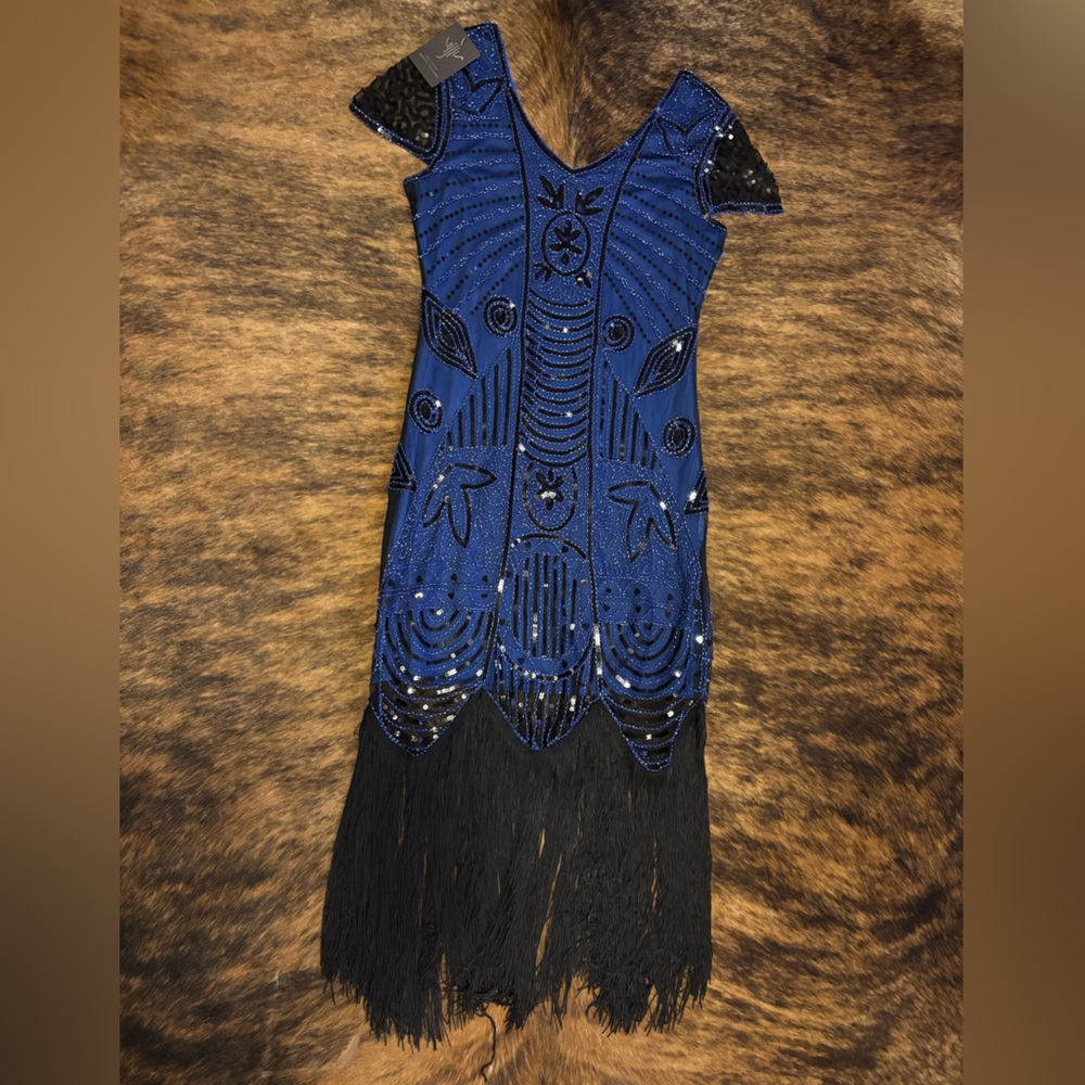 Elegant Blue and Black Flapper Style Women's Dress